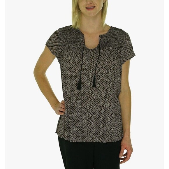 Lucky Brand Boho Blouse Women’s Large Black Diamond Pattern Short Sleeve Top - Picture 3 of 8